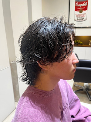 メンズミディアム/センターパート/ウルフ/無造作パーマ