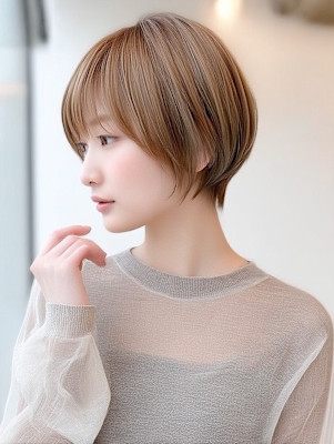 ショート　顔周りレイヤー　透明感　ベージュ　20代30代