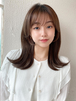 シャギーレイヤー韓国ワンホンヘアシースルーぱっつん前髪