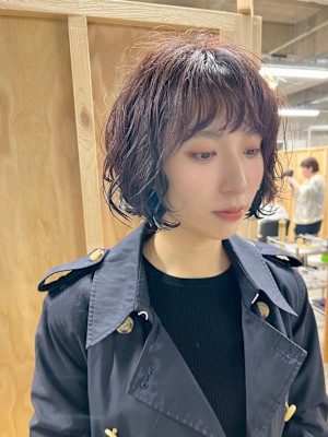 ボブパーマ/暗髪透け感