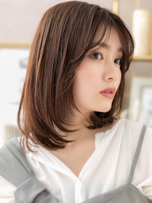 ツヤ感透けバング内巻きワンカールボブディ　マロンベージュ