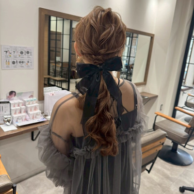 ヘアセット　リボン　結婚式2次会お呼ばれ　ヘアアレンジ