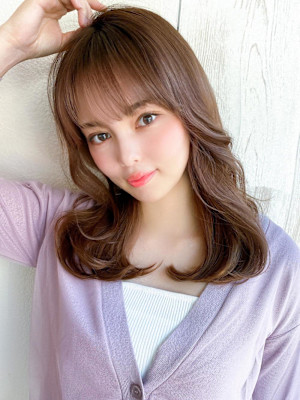 ミニウルフ前髪パーマ韓国くびれミディアムチェリーブラウン