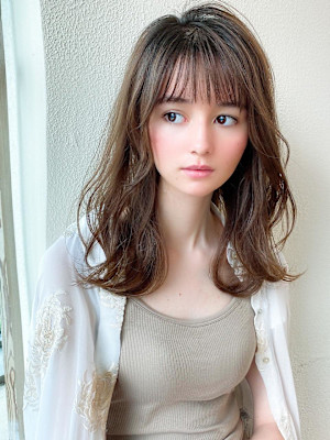 シャギーレイヤー韓国ワンホンヘアシースルーぱっつん前髪