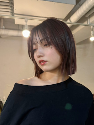 顔周りレイヤー/顎下くびれボブ/チェリーブラウン
