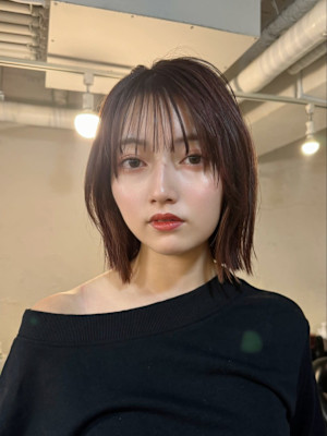 顔周りレイヤー/顎下くびれボブ/チェリーブラウン