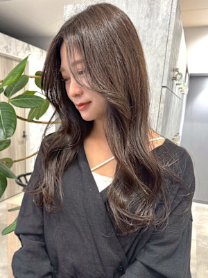 顔周りレイヤー 韓国風巻き くびれヘア オリーブブラウン 