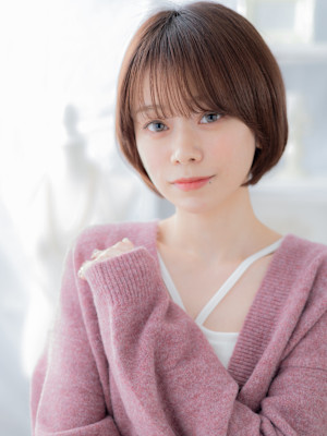 耳かけミルクティーピンク小顔ボブショート　くすみベージュ