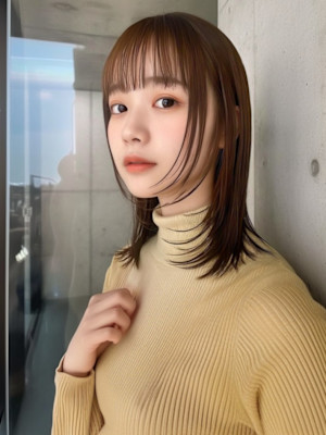 レイヤーカット　顔周り　ベージュブラウン　艶髪　20代30代