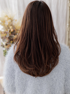 ミストバングチェリーブラウンデジタルパーマ　姫カットレイヤー