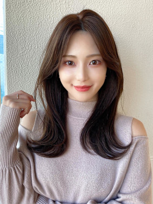 シャギーレイヤー韓国ワンホンヘアシースルーぱっつん前髪