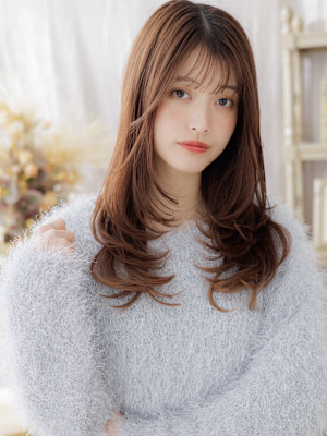 ミストバングチェリーブラウンデジタルパーマ　姫カットレイヤー