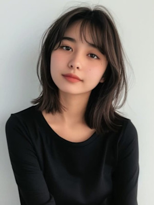 外ハネミディアム　グレージュ　20代30代　顔周りカット