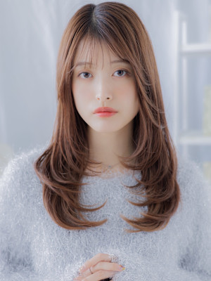 ミストバングチェリーブラウンデジタルパーマ　姫カットレイヤー