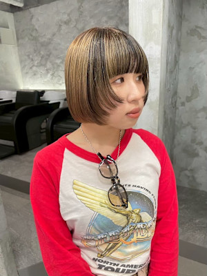 マッシュボブ/顔まわりデザインカット/ローライトカラー