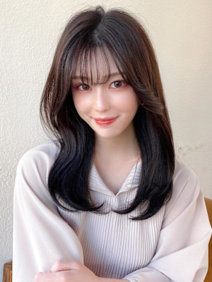 シャギーレイヤー韓国ワンホンヘアシースルーぱっつん前髪