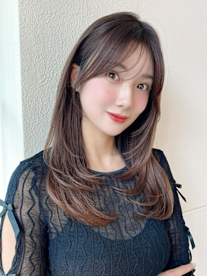 シャギーレイヤー韓国ワンホンヘアシースルーぱっつん前髪