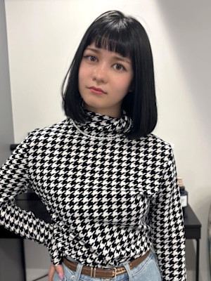 丸みボブ オン眉 髪質改善 内巻きボブ 前髪カット 艶髪 