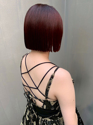 チェリーブラウン 切りっぱなしボブ ブリーチなしダブルカラー