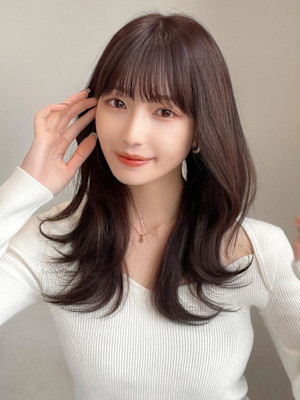 ミニウルフ前髪パーマ韓国くびれミディアムチェリーブラウン