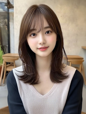 セミロング レイヤーカット 顔周りレイヤー 透明感カラー
