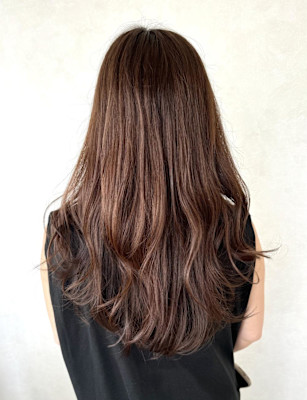 【髪質改善オイルカラー・ピンクラベージュ・ウェーブロング】