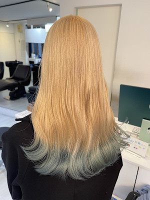 ブロンドヘア/裾カラー/水色カラー/デザインカラー