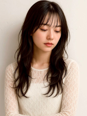 顔周りカット ウェーブヘア レイヤーカット ダークブラウン 