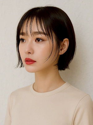 大人ボブ レイヤー 顔周りカット 丸みボブ 黒髪 20代 