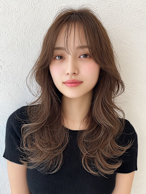 セミロング くびれミディ レイヤーカット 透明感カラー