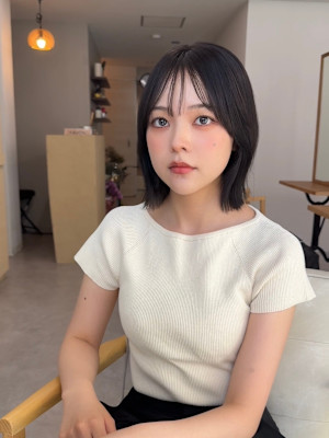 ★韓国ヘアタッセルボブ前髪顔周り黒髪縮毛矯正