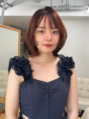 ★夏韓国ウルフ/ミディアムレイヤーカット/オレンジ暖色