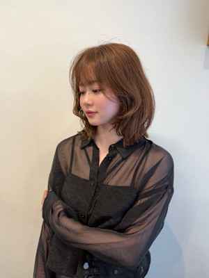 ★韓国ヘアレイヤーボブ前髪顔周りヘーゼルベージュ