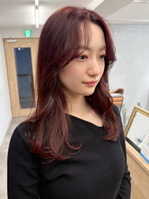 暖色カラーレッドブラウンレイヤーカット＊くびれヘア/明大前