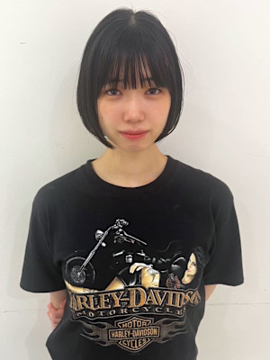 ミニボブ 黒髪ショート 内巻きぱつっとボブ フルバング