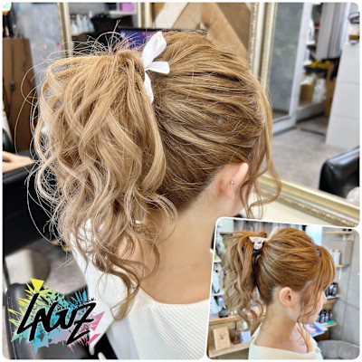 【ヘアセット】 ハイトーンに合う柔らかポニーテール白リボン♪