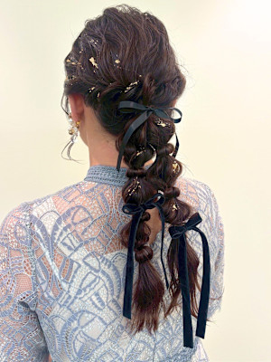 編みおろしツイン/ヘアセット/リボン/結婚式