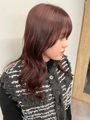 レイヤーカットロング暖色カラー＊ピンクレッドサイドバング