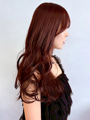 暖色カラーチェリーピンク＊ミックス巻きロングボルドーカラー