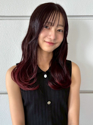 グラデーション 裾カラー レッドカラー セミロング ウェーブ