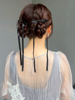 結婚式アレンジ ツインお団子 リボンアレンジ ヘアセット