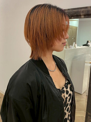 顔周りカット ウルフレイヤー ダブルカラー オレンジブラウン