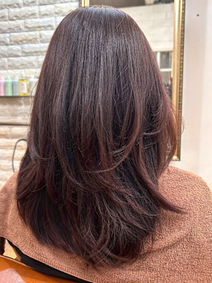 レッドブラウン セミロング レイヤーカット 30代 40代