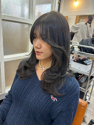 ワンホンレイヤー/レイヤーカット/中韓ヘア/オリーブベージュ