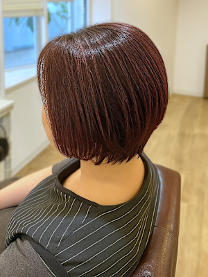 チェリーレッド 白髪ぼかしハイライト ショートボブ 艶髪