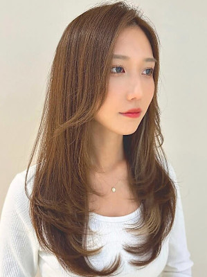 ロングレイヤー/ナチュラルストレート/オリーブベージュ