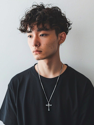 ツイストスパイラルパーマ　マッシュヘア 束感　艶感　黒髪