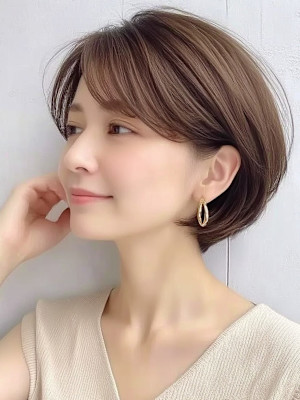 ボブ 美人ショート くびれヘア 丸みボブ ベージュ 30代