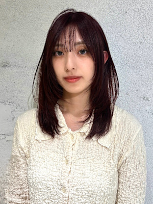 【YOKE】ブリーチなしワインレッドレイヤーカット顔周り前髪