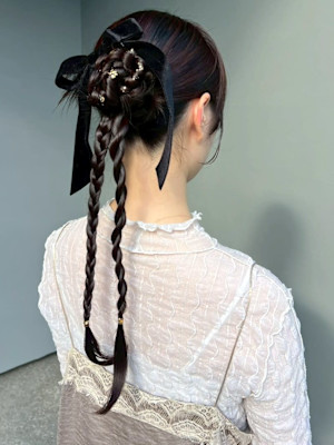 お呼ばれアレンジ ヘアセット 三つ編み お団子 リボン